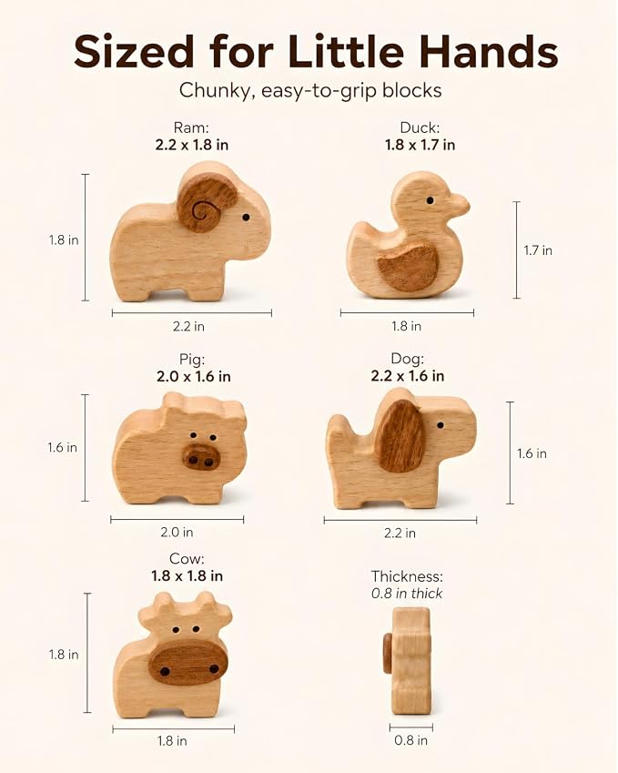 5-Piece Wooden Farm Animal Blocks for Toddlers 1-3 | Solid Beech & Sapele, Montessori Stacking Toys, 2cm Thick Choke-Safe