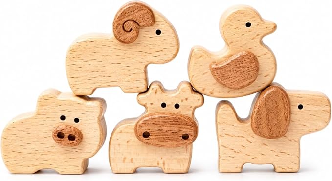 5-Piece Wooden Farm Animal Blocks for Toddlers 1-3 | Solid Beech & Sapele, Montessori Stacking Toys, 2cm Thick Choke-Safe