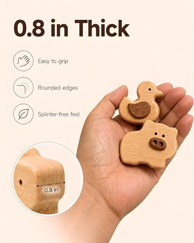 5-Piece Wooden Farm Animal Blocks for Toddlers 1-3 | Solid Beech & Sapele, Montessori Stacking Toys, 2cm Thick Choke-Safe
