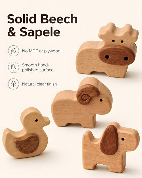 5-Piece Wooden Farm Animal Blocks for Toddlers 1-3 | Solid Beech & Sapele, Montessori Stacking Toys, 2cm Thick Choke-Safe