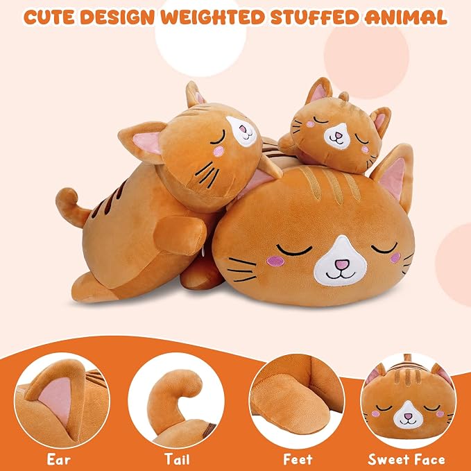 Weighted Stuffed Animals Cat, Orange Cat Plush with Weighted Beads, Cute Cat Plushie Pillow Gifts for Adults Kids Boys Girls 9.8inch