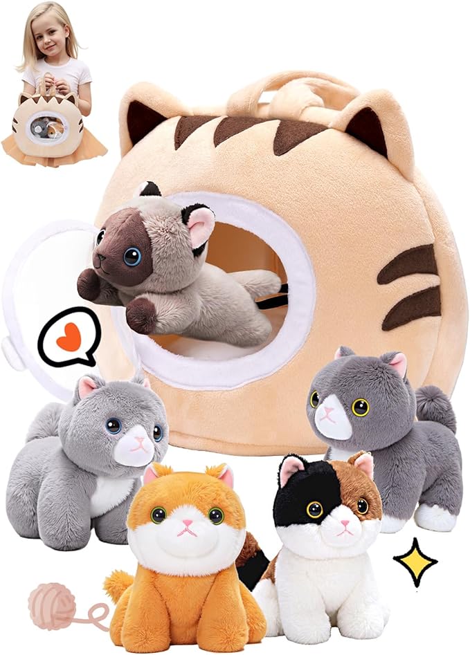 Cat Stuffed Animal House with 5 Soft Cat Toys for Kids, Portable Gift Set