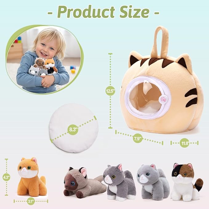 Cat Stuffed Animal House with 5 Soft Cat Toys for Kids, Portable Gift Set