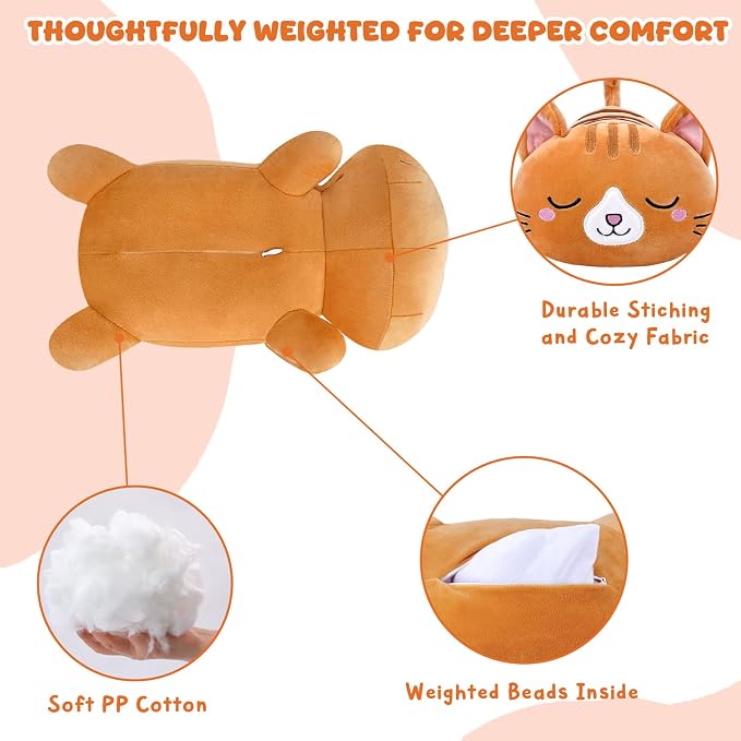Weighted Stuffed Animals Cat, Orange Cat Plush with Weighted Beads, Cute Cat Plushie Pillow Gifts for Adults Kids Boys Girls 9.8inch