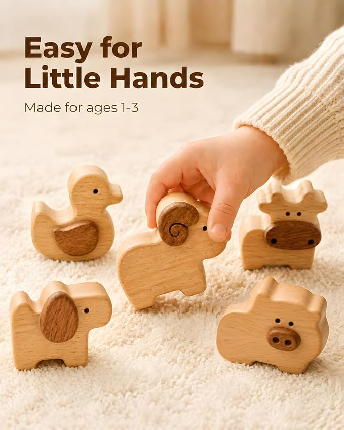5-Piece Wooden Farm Animal Blocks for Toddlers 1-3 | Solid Beech & Sapele, Montessori Stacking Toys, 2cm Thick Choke-Safe