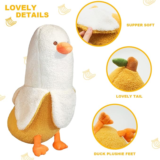 Banana Duck Plush Toy Cute Plushie Hugging Plush Pillow Duck Stuffed Animal for Girls and Boys White