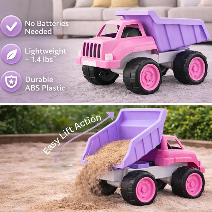 Big Plastic Dump Truck in Pink Color for Toddlers and Girls - Large Tilting Dumper, Free Play Toy Vehicle for Kids Indoor and Outdoor Imaginative Play